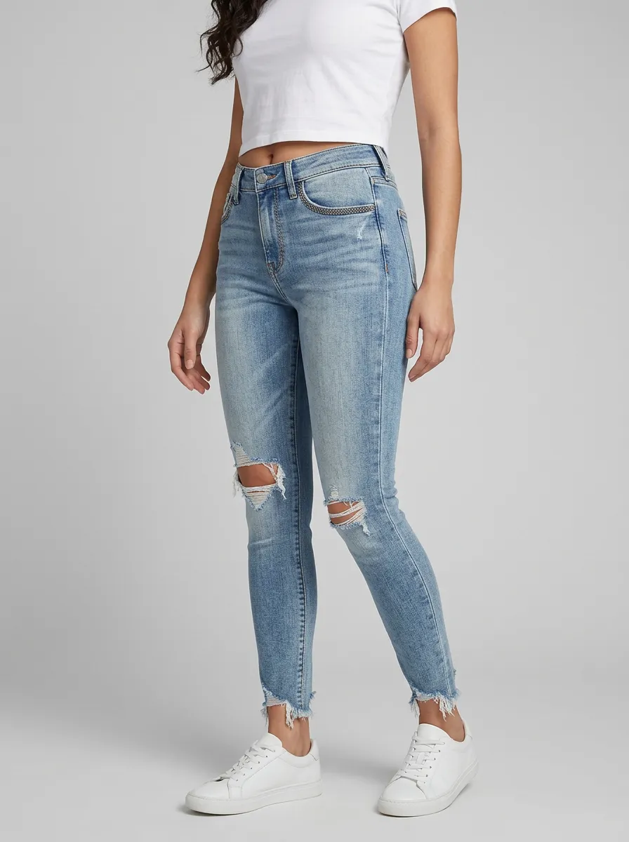 Women's Distressed Ripped Frayed Hem Graphic Slim Jeans