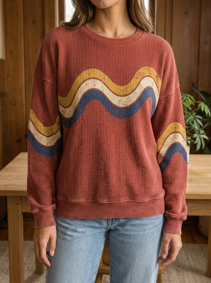 Women's Retro Wave Pattern Graphic Waffle Knit Crewneck Sweatshirt