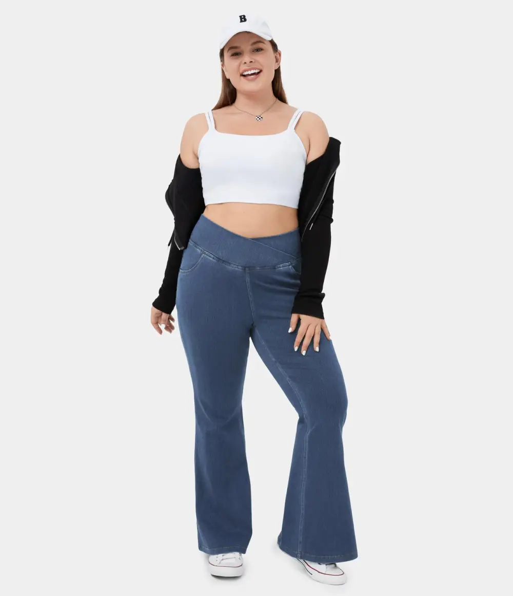 Magic High Waisted Crossover Pocket Cool Touch Breathable Washed Stretchy Knit Plus Size Casual Super Flare Jeans