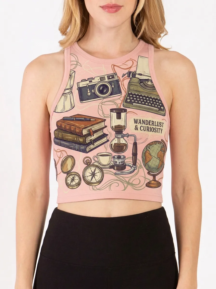 Women's Wanderlust Travel Books Camera Graphic Ribbed Crop Tank Top