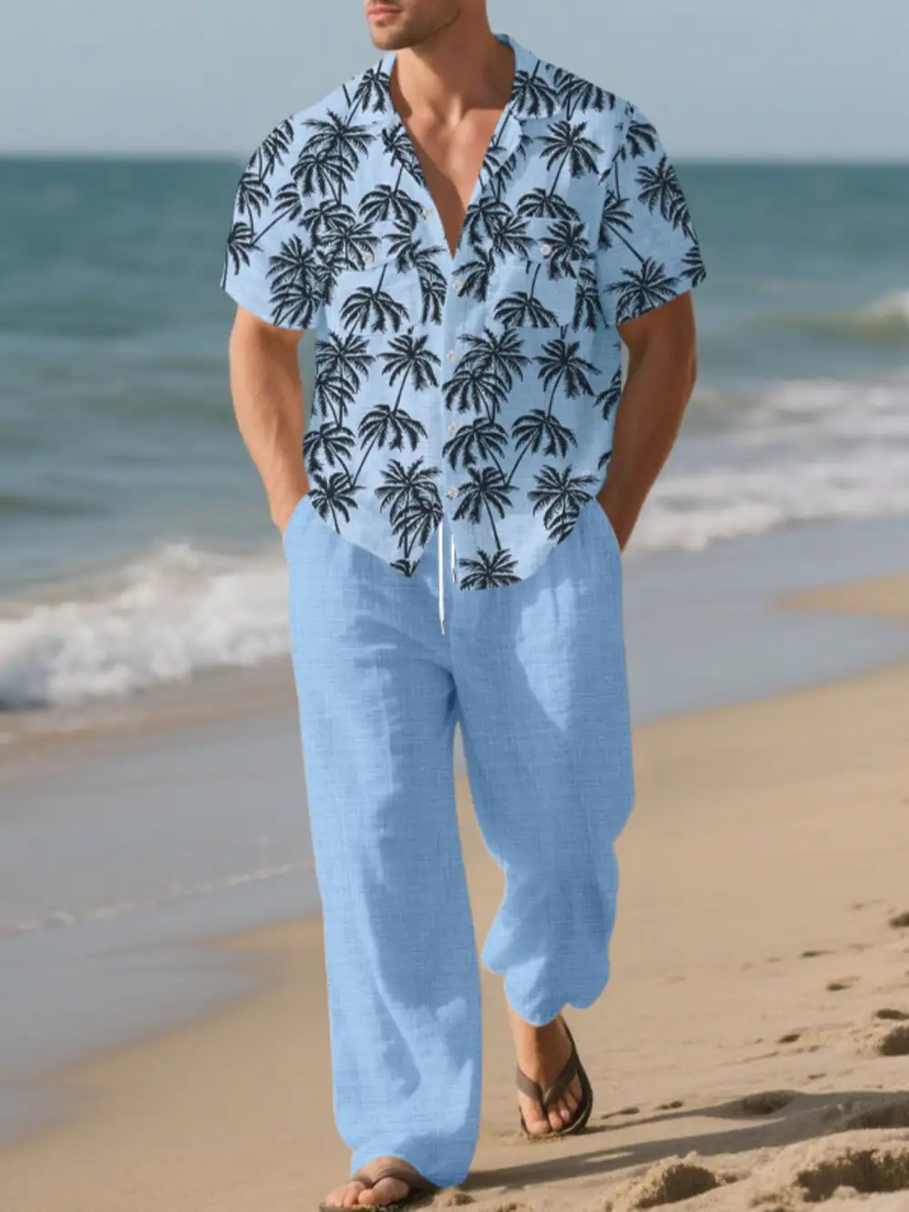 Men's Full Size Tropical Palm Print Button Up