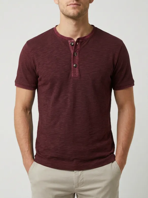 Modern Button-Placket Ribbed Men's Short-Sleeve Henley Shirt