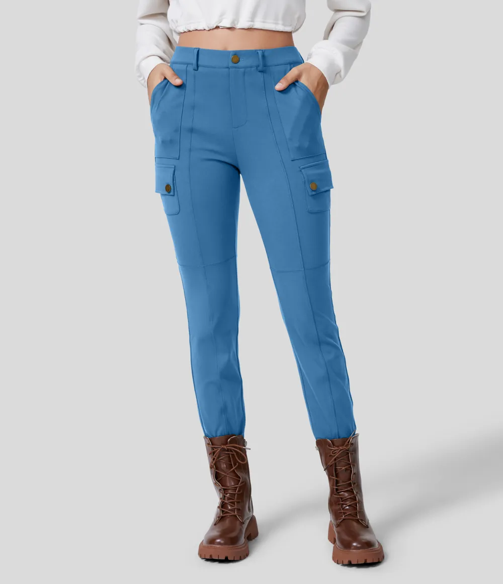 High Waisted Button Zipper Multiple Pockets Solid Skinny Cargo Pants