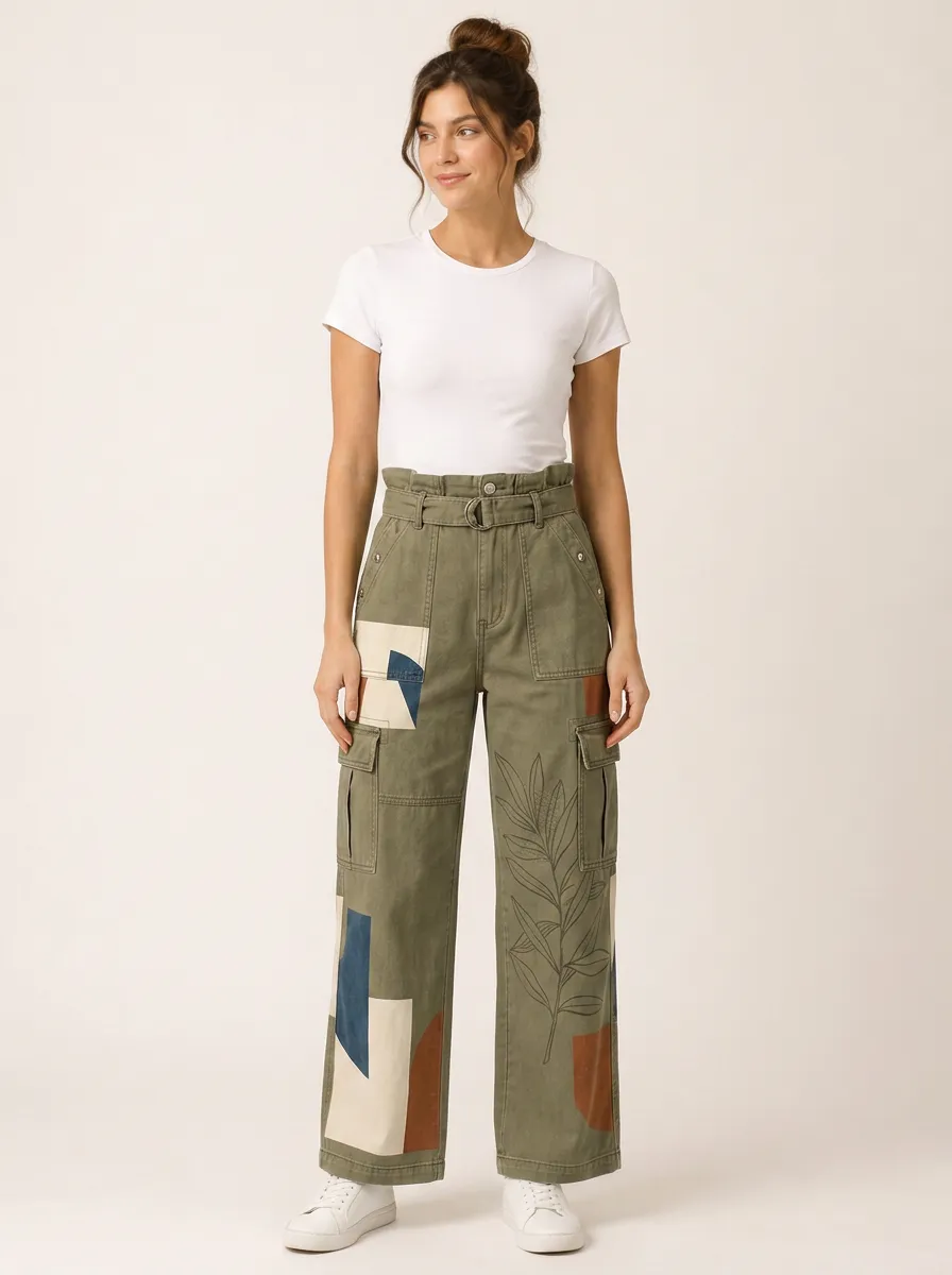 Women's Casual Botanical Geometric Printed Cargo Pants Set
