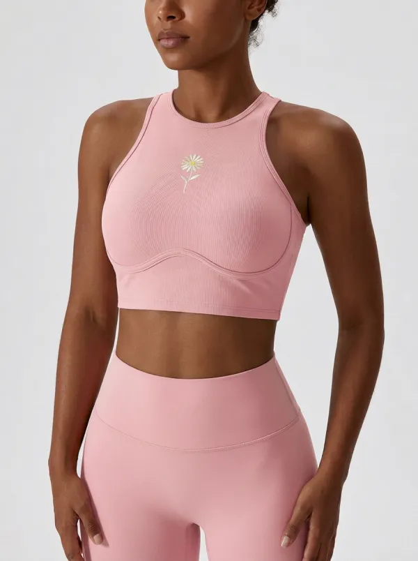 Women's Daisy-Embroidered High-Neck Athletic Crop Top