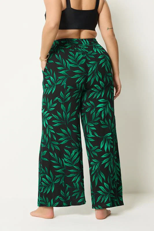 Black & Green Leaf Print Crinkle Beachwear Wide Leg Trousers detail 2