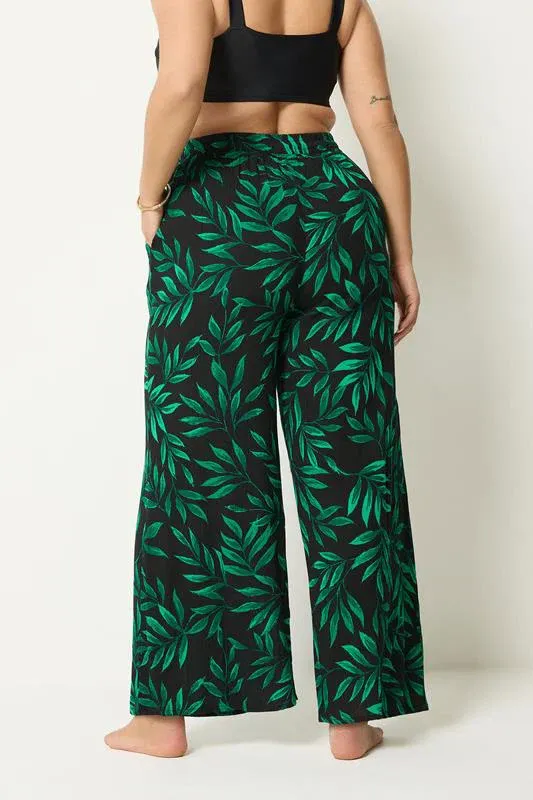Black & Green Leaf Print Crinkle Beachwear Wide Leg Trousers