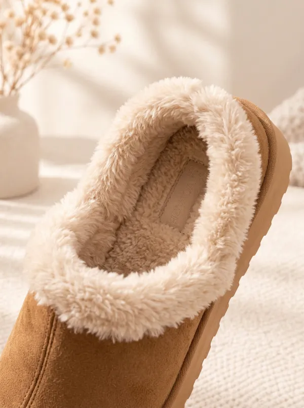 Women's Tan Rounded-Toe Plush-Lined Center-Seam Clog Slippers