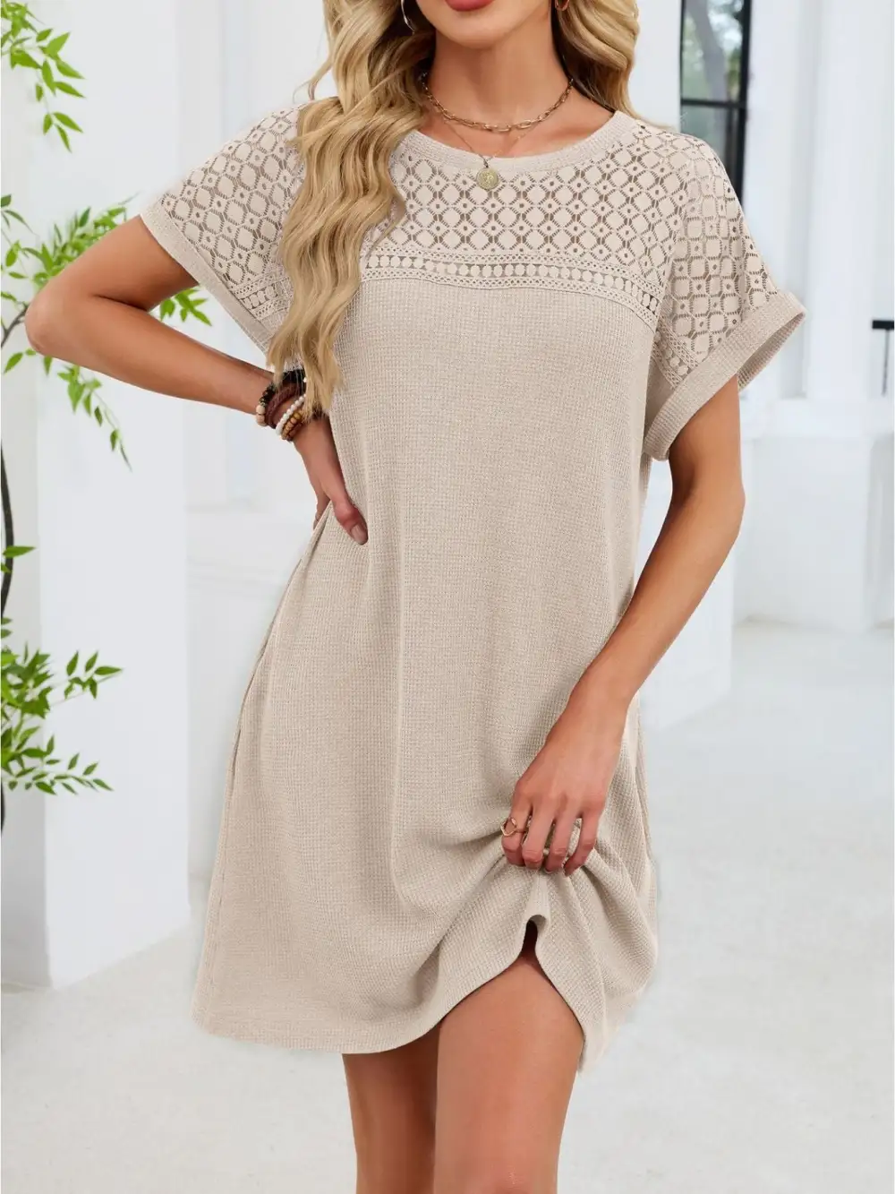 Lace Round Neck Short Sleeve Shirt Dress