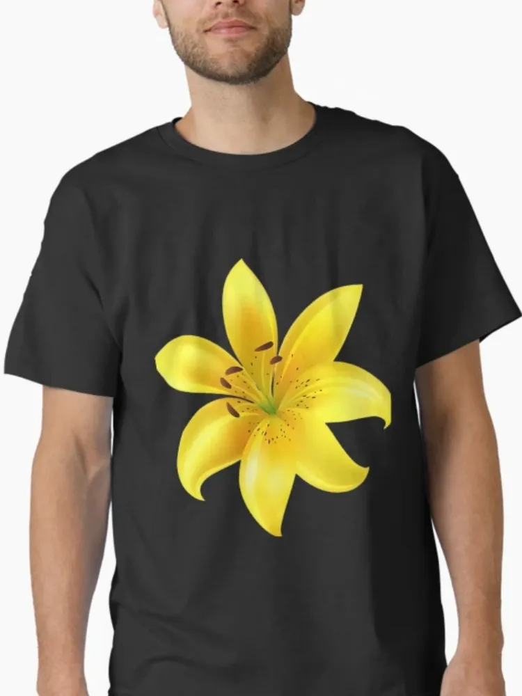 Women's Realistic Yellow Lily Floral Print Crew Neck Short-Sleeve T-Shirt