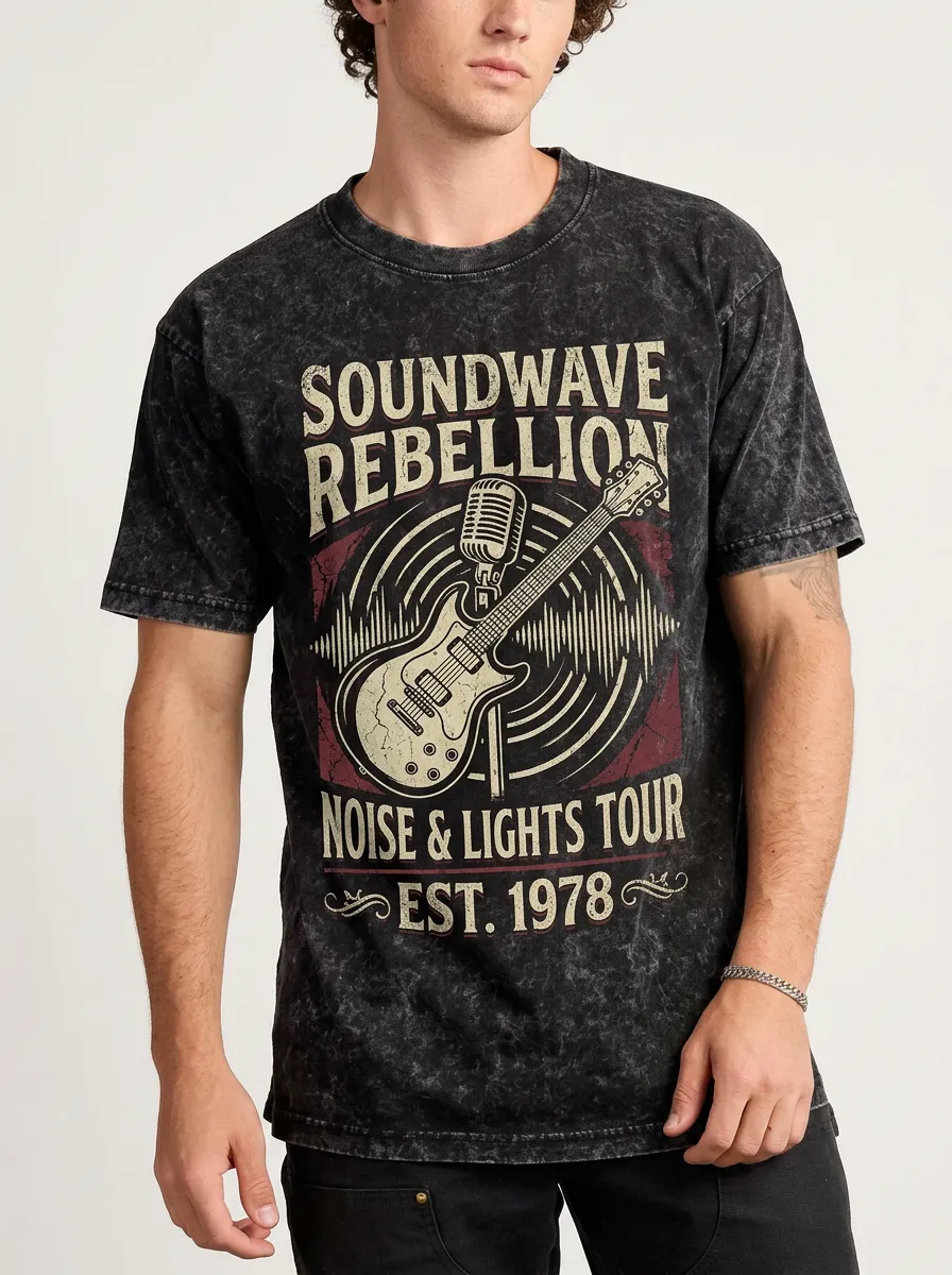 Men's Rock Music Lover Guitar Microphone Printed Acid Wash T-shirt