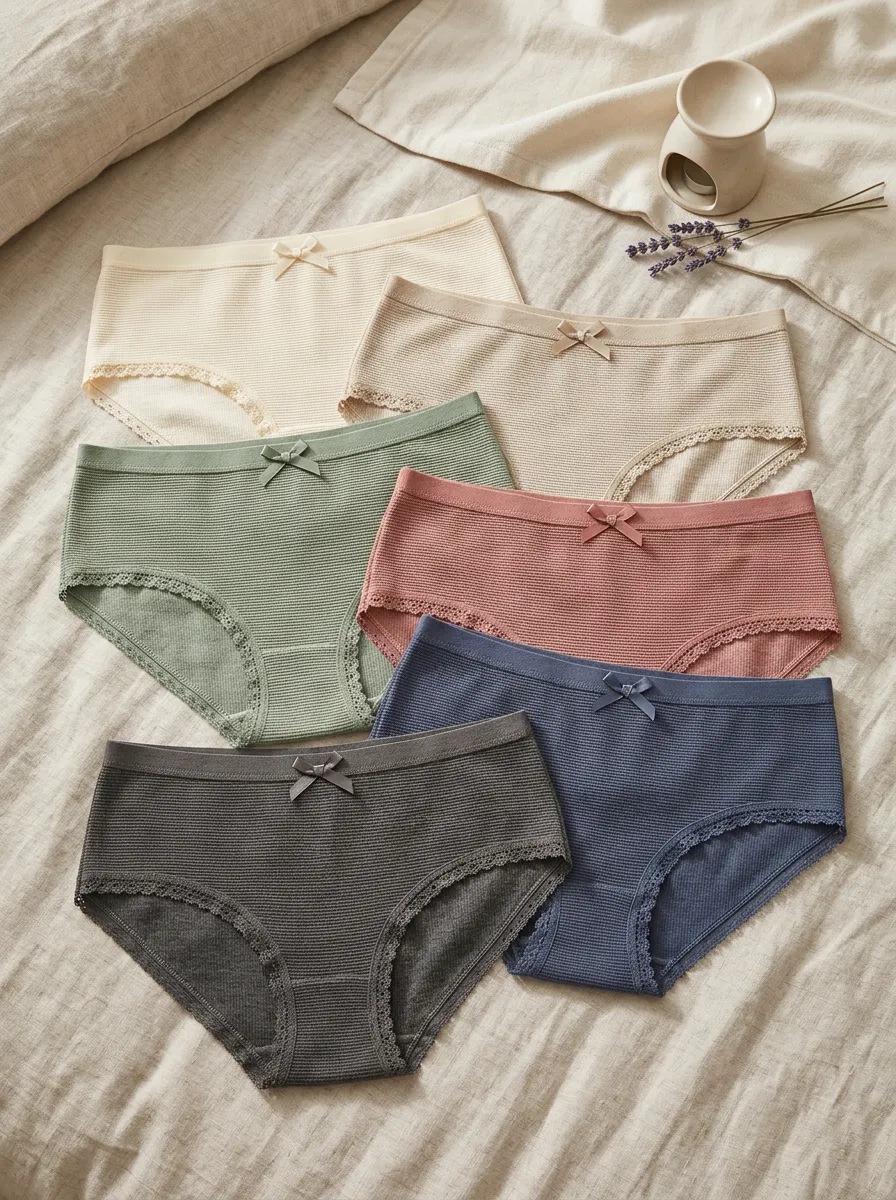 Women's Ribbed Bowknot Lace Trim Multi-color Printed Panties Set