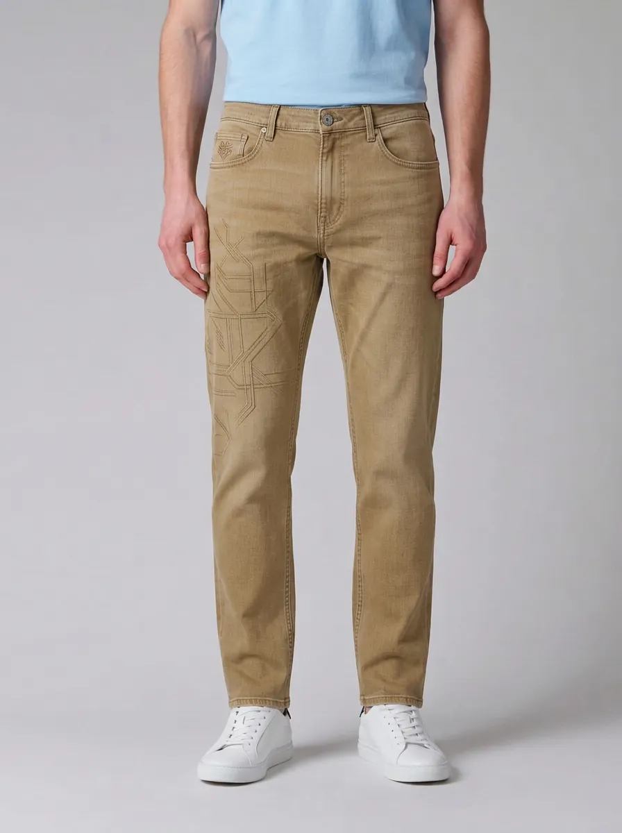 Men's Geometric Pattern Gray Printed Stretch Jeans
