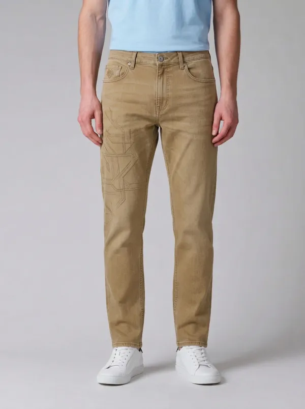 Men's Geometric Pattern Gray Printed Stretch Jeans