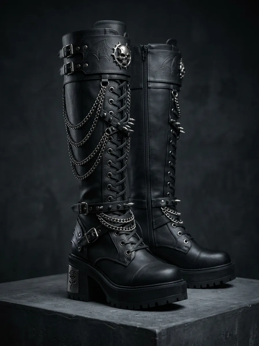 Midnight Skull Rose Chain Style Women's Gothic Platform Knee High Boots