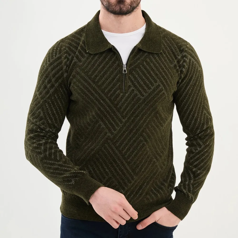 Classic Long Sleeve Slim Fit Zip Detail Knit Sweater