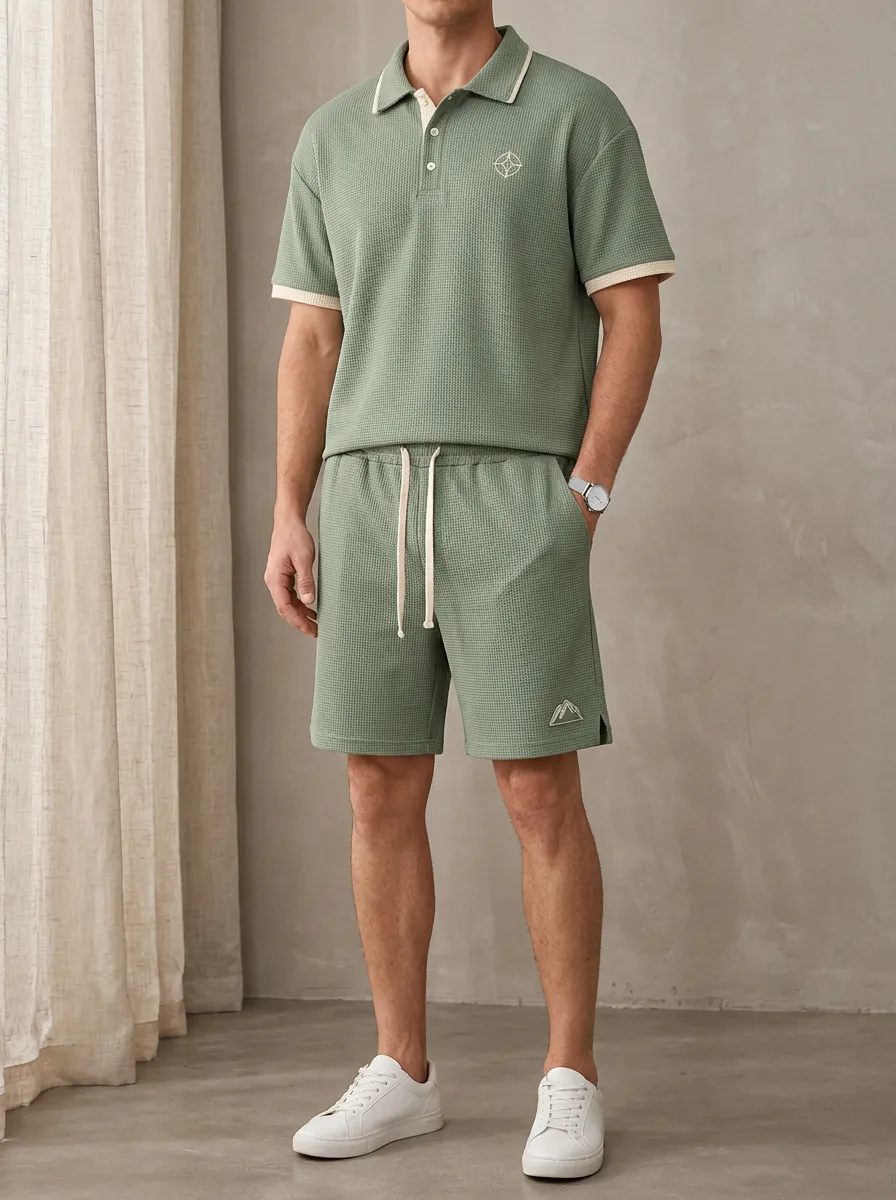 Men's Sage Green Waffle Knit Mountain Logo Printed Polo Shirt