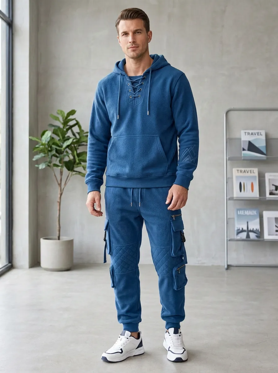 Resort-Inspired Lace-Up Multi Pocket Design Men's Lace Up Hoodie And Cargo Jogger Set
