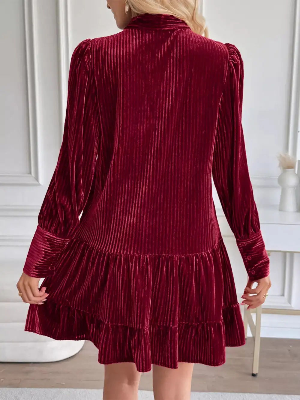 Gathered Detail Velvet Tiered Mini Dress