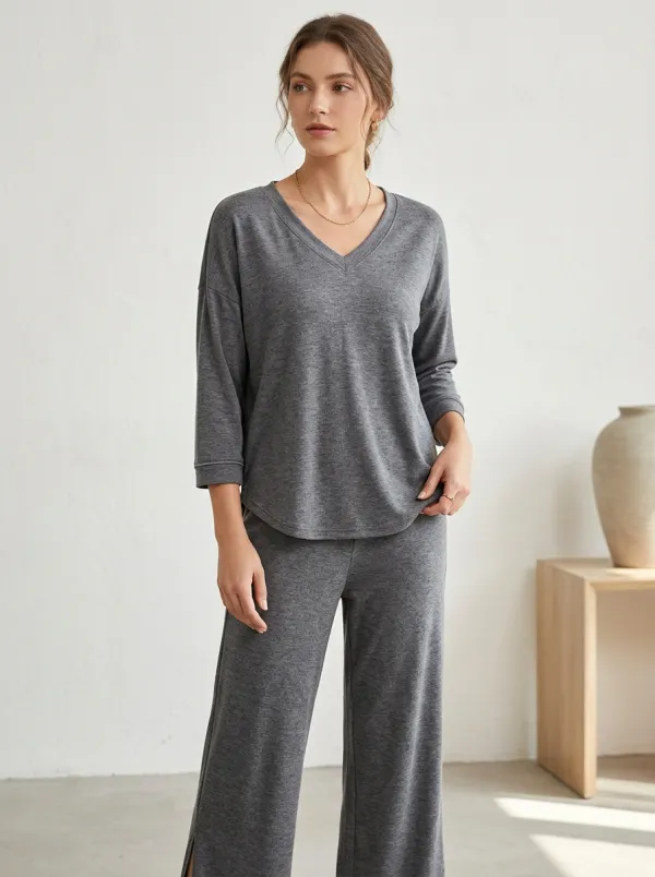 Short-Sleeve Three-Quarter-Sleeve Ribbed Women's V-Neck Casual Lounge Set