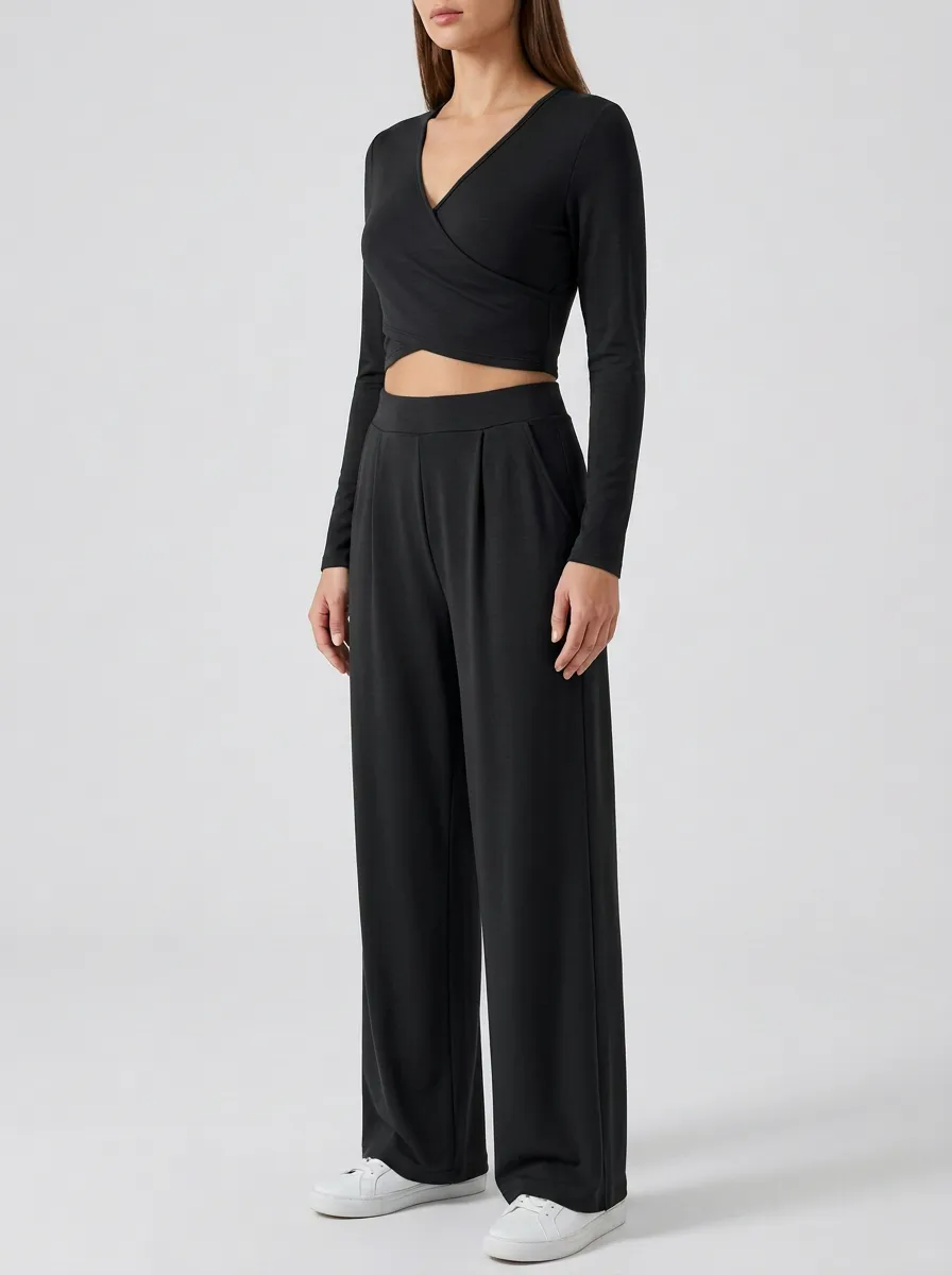 Women's Wrap V-Neck Crop Top and Side-Pocket Wide-Leg Trouser Set