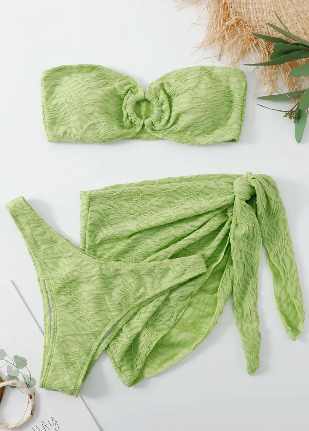 Swim Textured Bikini Set O-Ring Bandeau Bra Top & Bikini Bottom & Skirt 3 Piece Bathing Suit