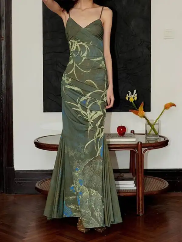 Casual Printed Spaghetti Strap Maxi Dress