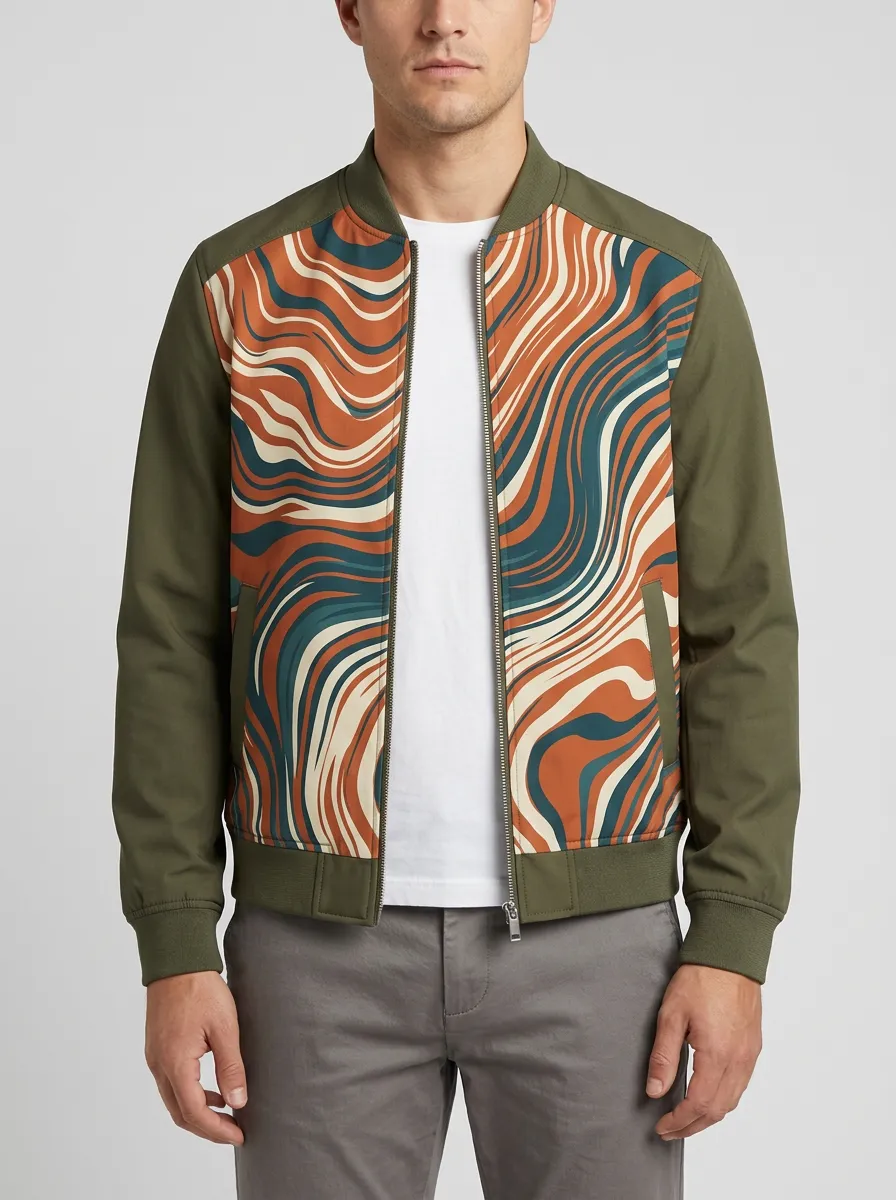 Men's Abstract Swirl Pattern Printed Bomber Jacket