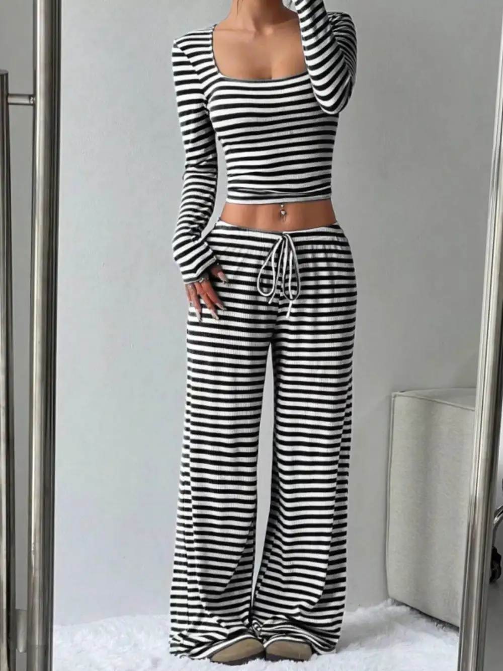 Striped Long Sleeve Crop Top and Wide Leg Pants Set