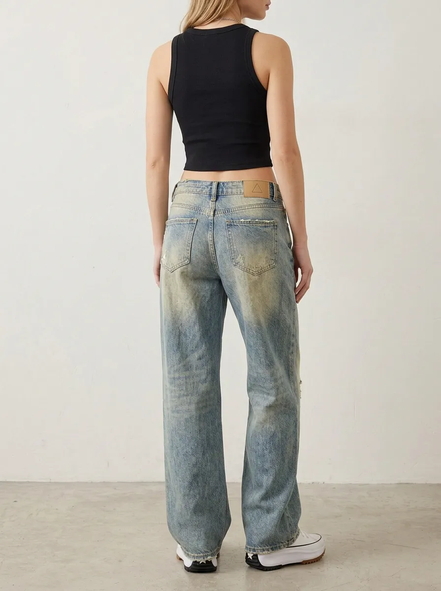 Women's Classic Vintage Distressed Wide Leg Denim Baggy Jeans