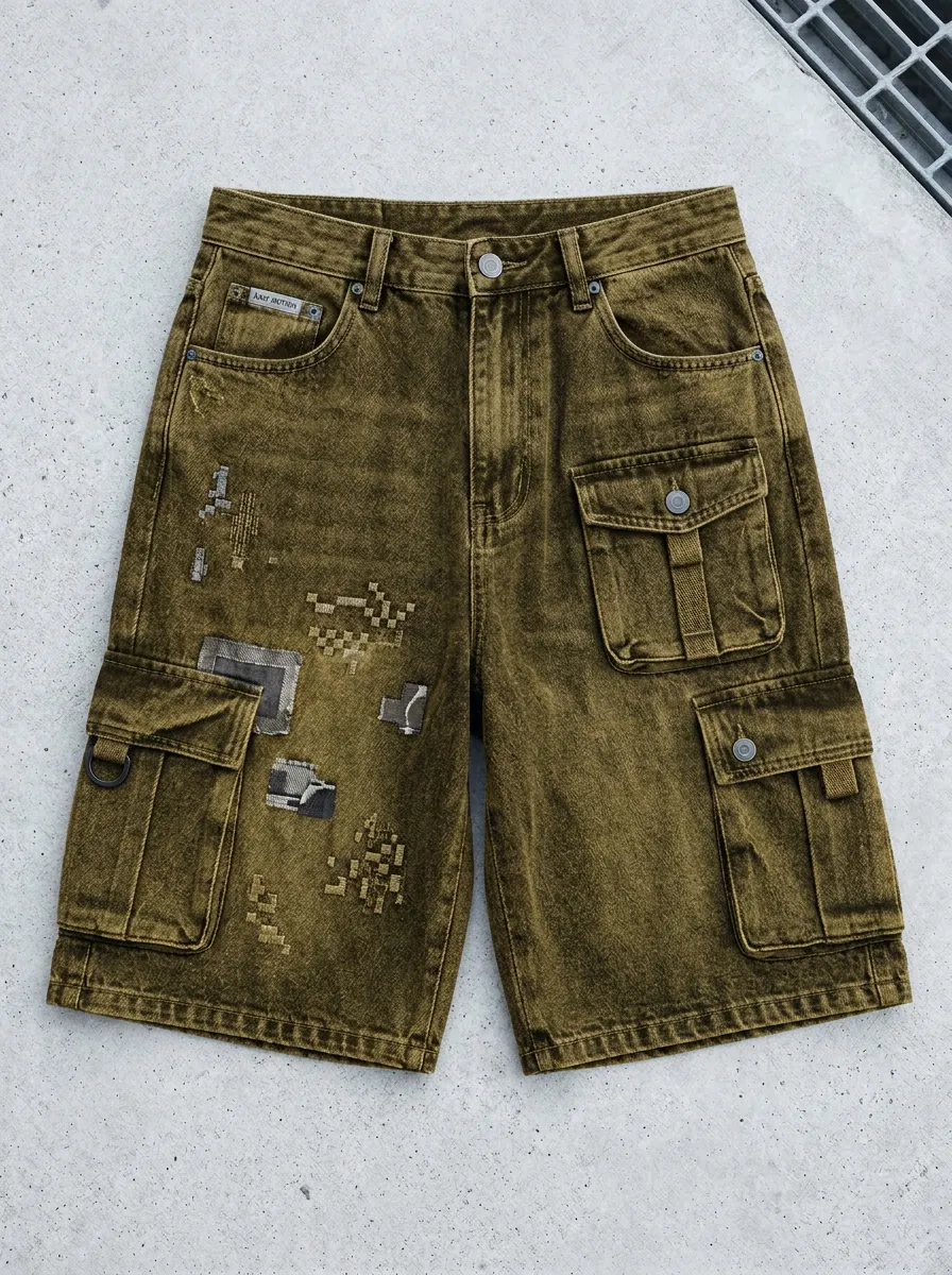 Workwear-Inspired Cargo Denim Washed Men's Cargo Shorts