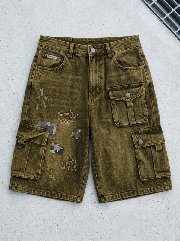 Workwear-Inspired Cargo Denim Washed Men's Cargo Shorts