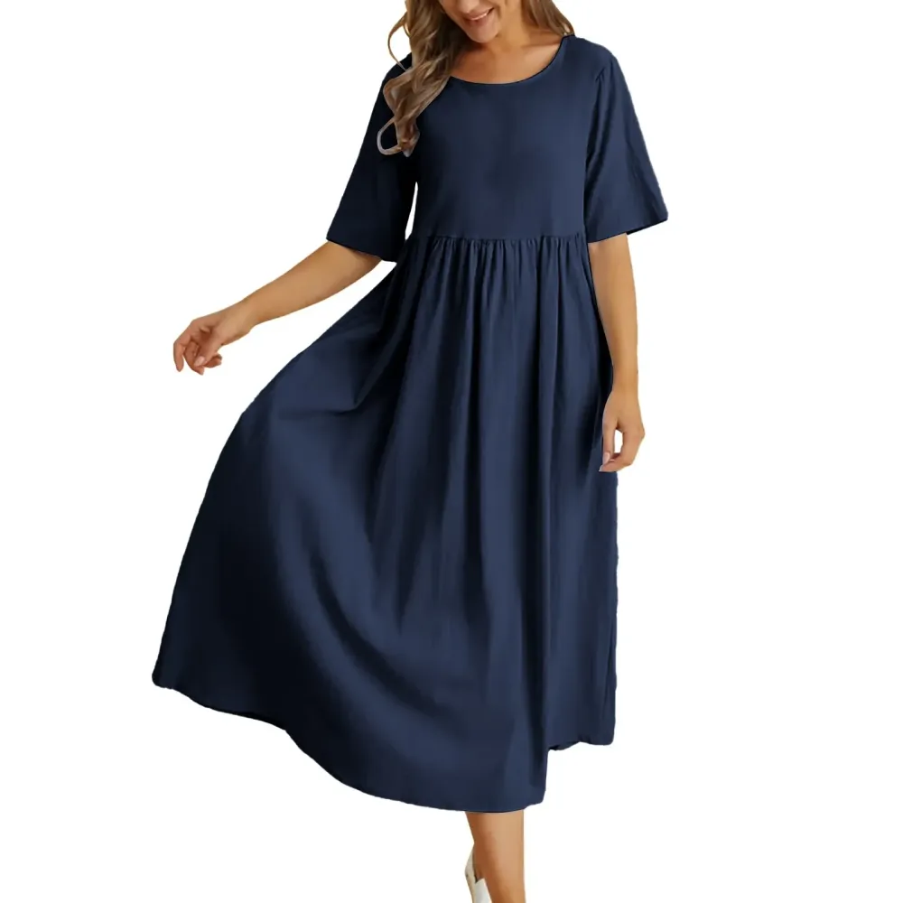 Short Sleeve Linen Blend Cotton Blend A-Line Dress