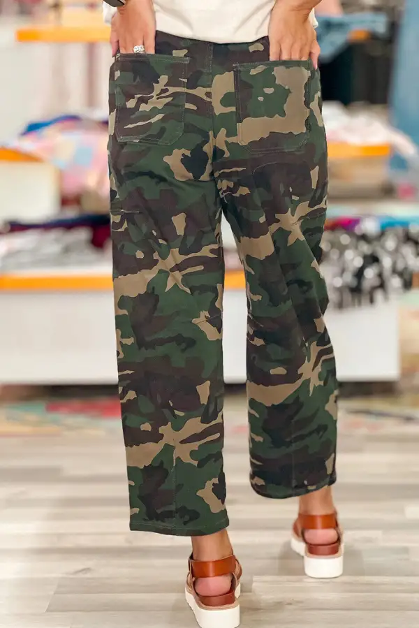 Women's Camouflage Print Drawstring Patch Pocket Ankle Length Jeans