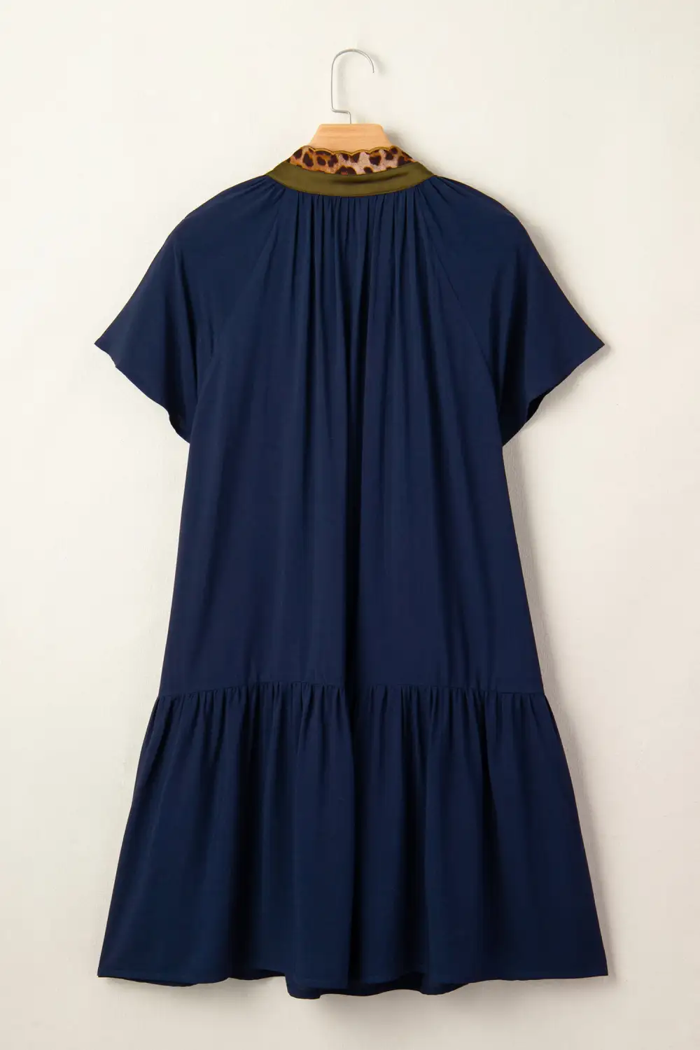 Button Detail Leopard Metallic Trim Short Sleeve Tunic Dress