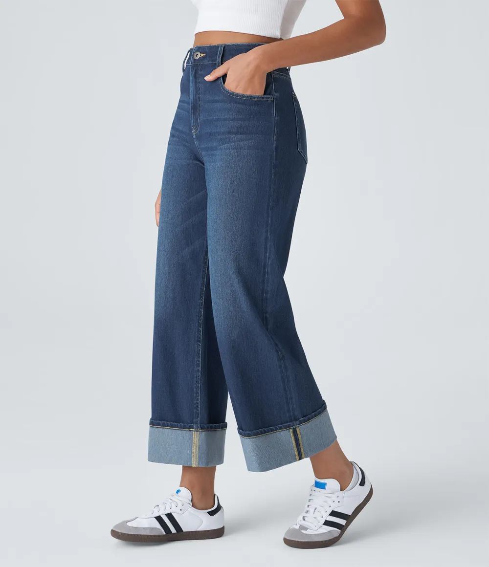 Magic High Waisted Multiple Pockets Rolled Hem Wide Leg Washed Stretchy Knit Casual Jeans