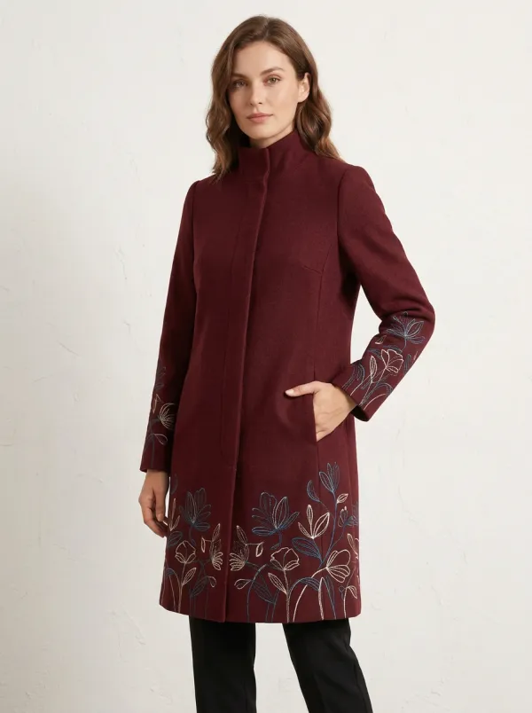 Women's Floral Embroidered Gray Wool Coat