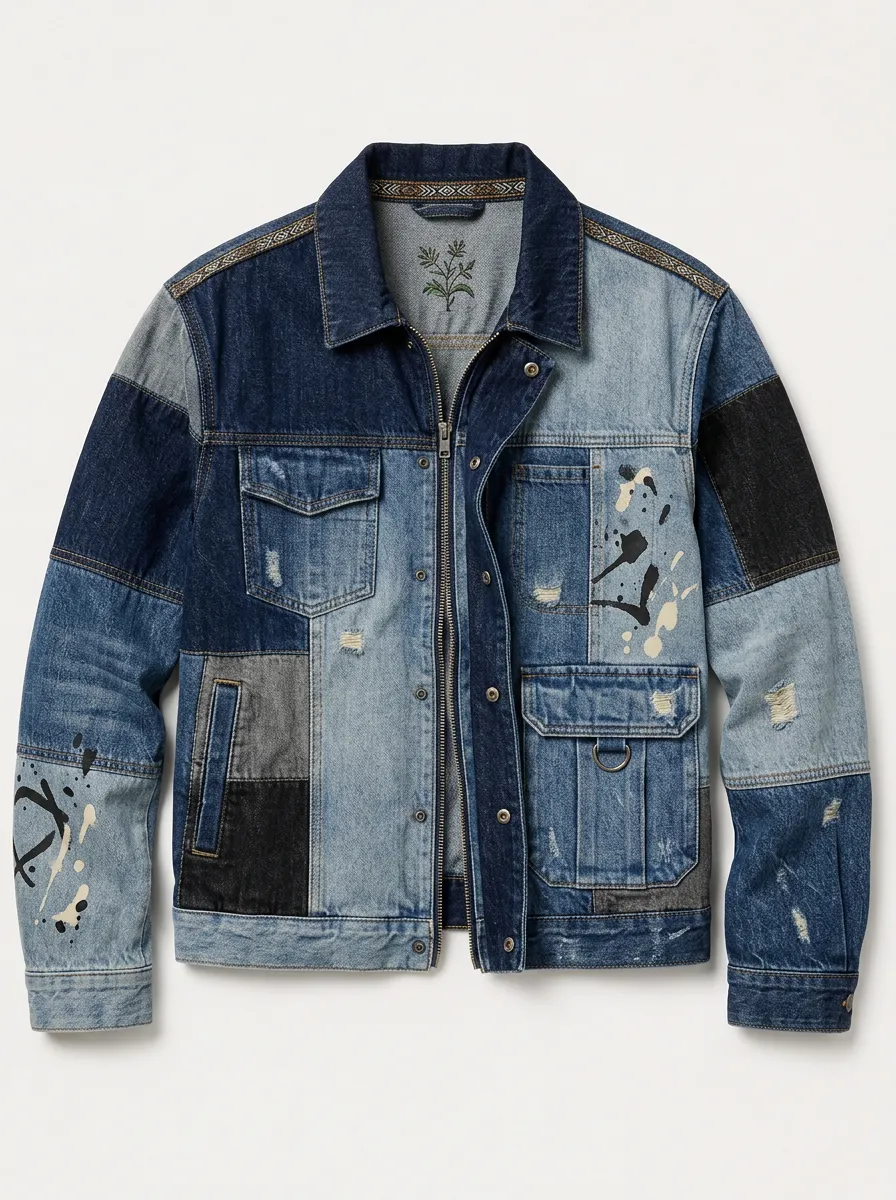 Men's Streetwear Patchwork Paint Splatter Printed Denim Jacket
