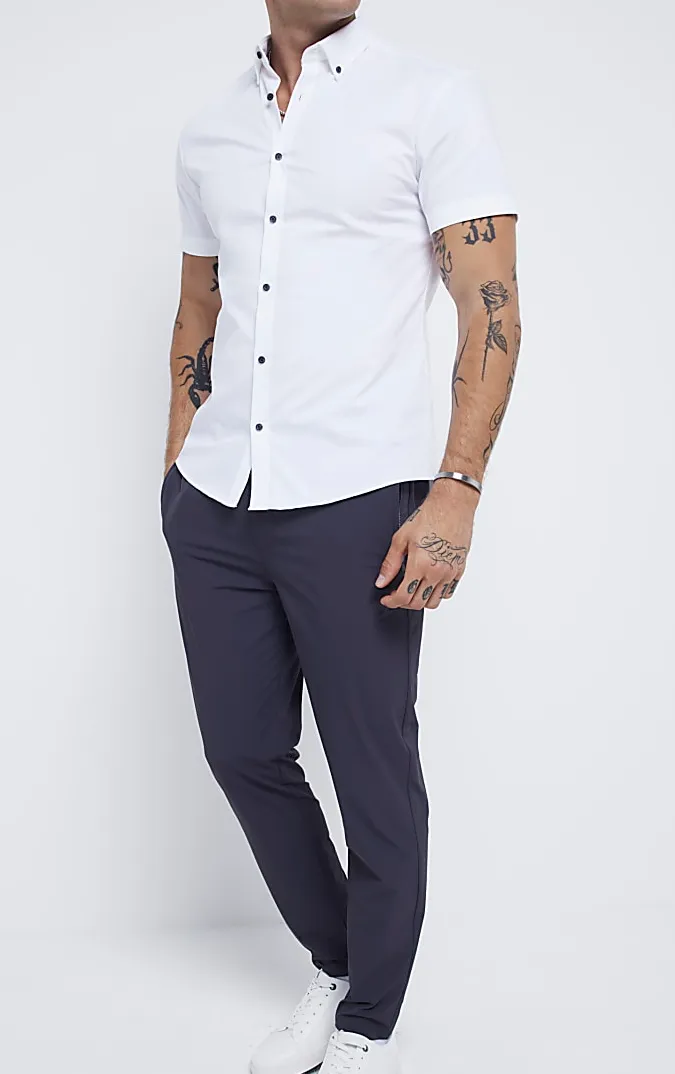 Men's White Slim Fit Textured Stretch Short Sleeve Shirt