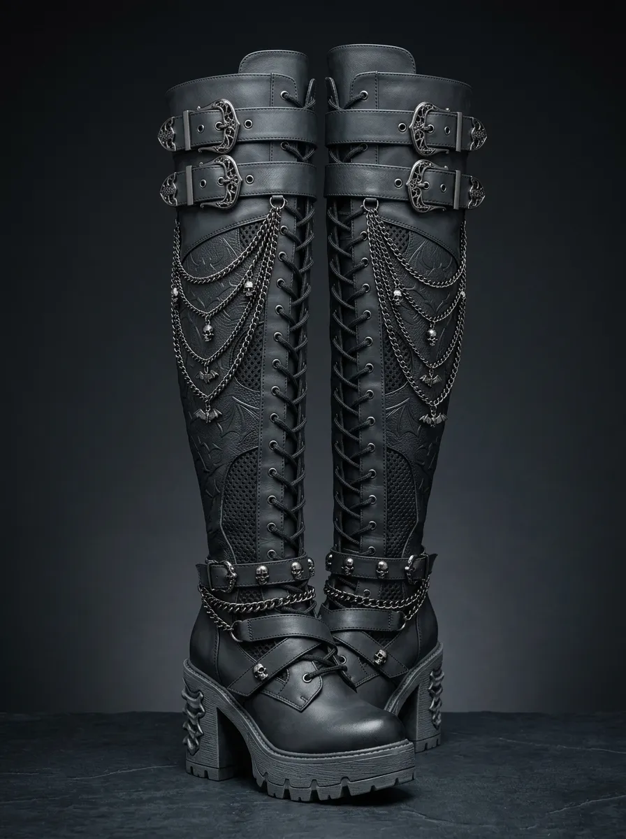 Gothic Revival Skull Bat Chain Alternative Look Women's Gothic Platform Boots