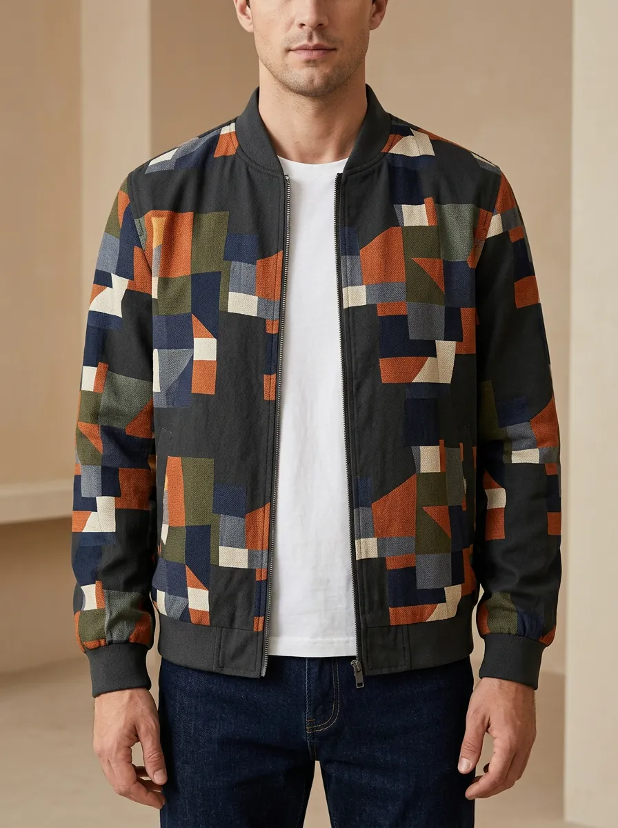 Men's Geometric Pattern Colorblock Printed Bomber Jacket