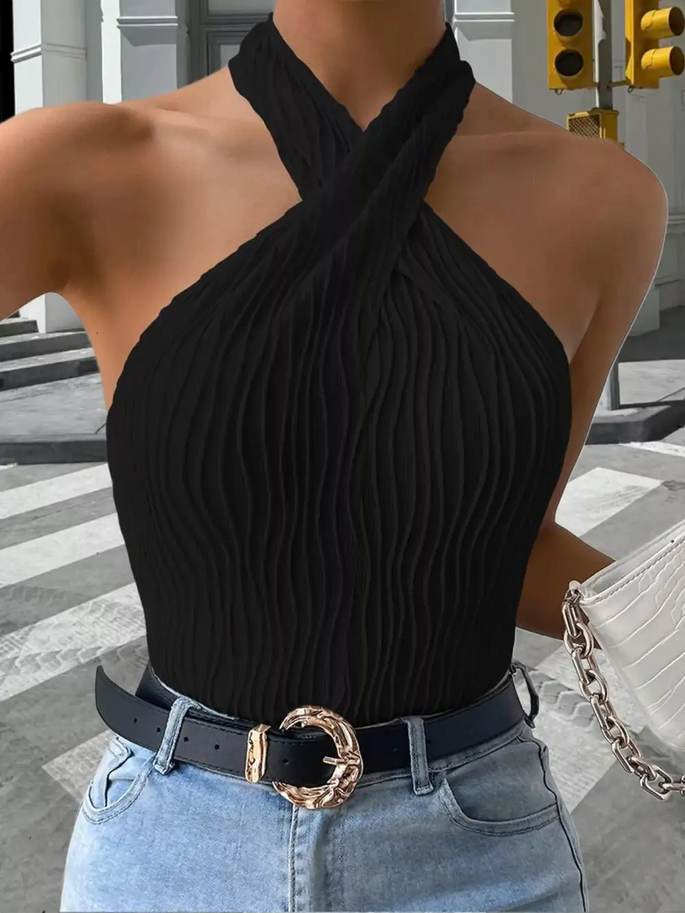 Halter-Neck Buttoned Textured Tank Top