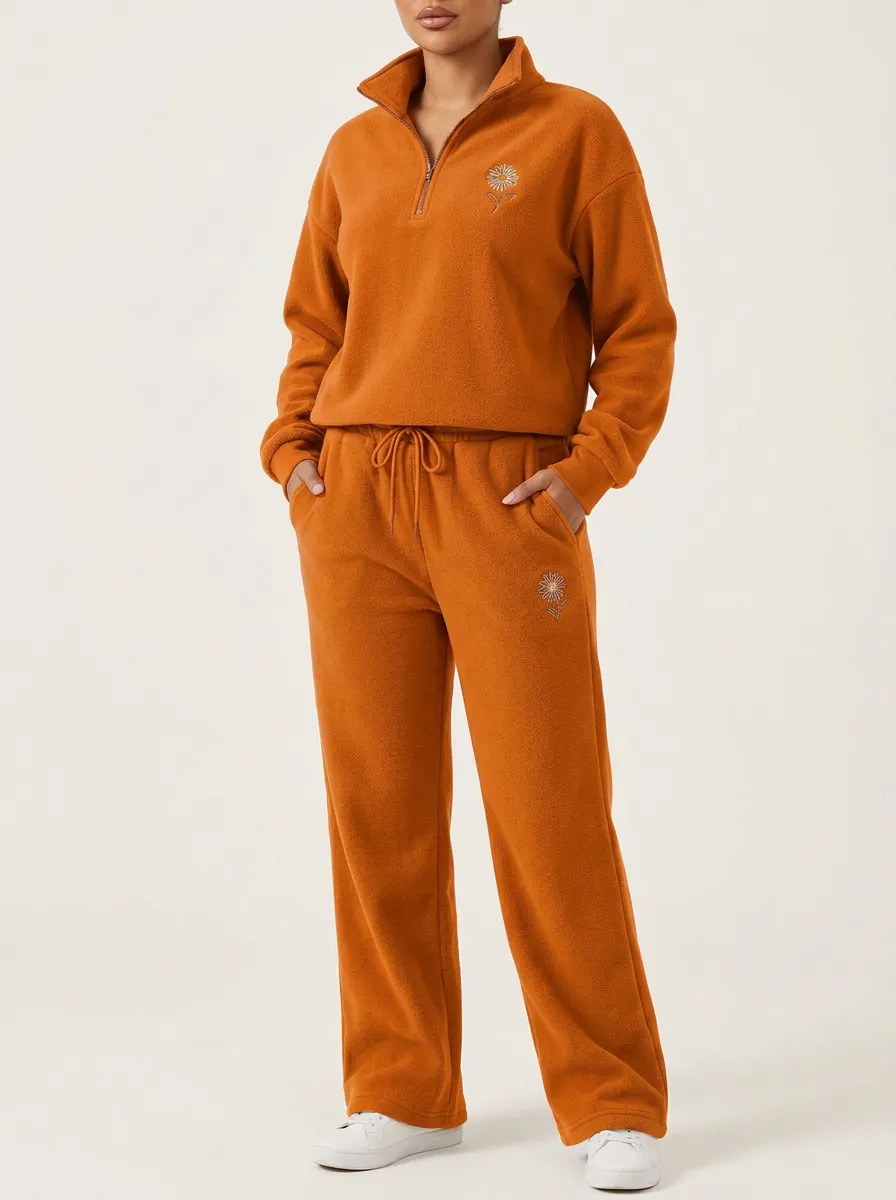Women's Drop-Shoulder Floral Embroidered Quarter-Zip Lounge Set