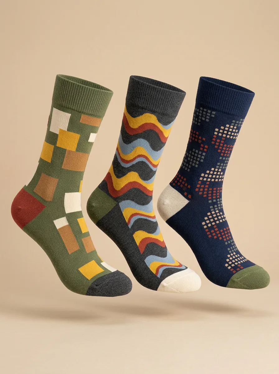 Men's Geometric Wave Pattern Three-Pack Socks