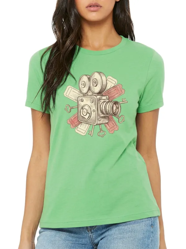 Women's Movie Lover Vintage Camera Tickets Keys Printed T-Shirt