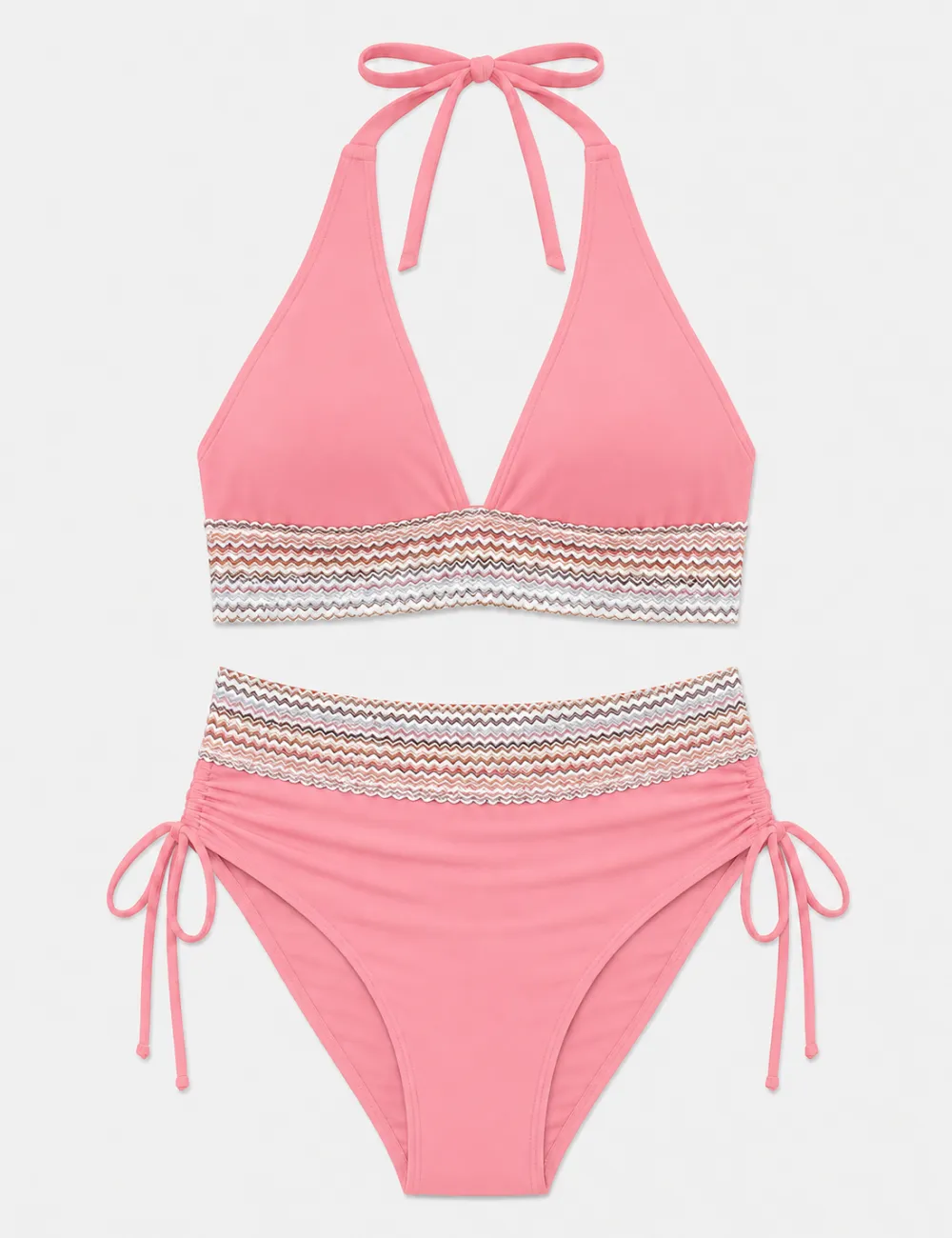 Deep V Neck Colorful Zigzag Smocked Trim Bikini Set