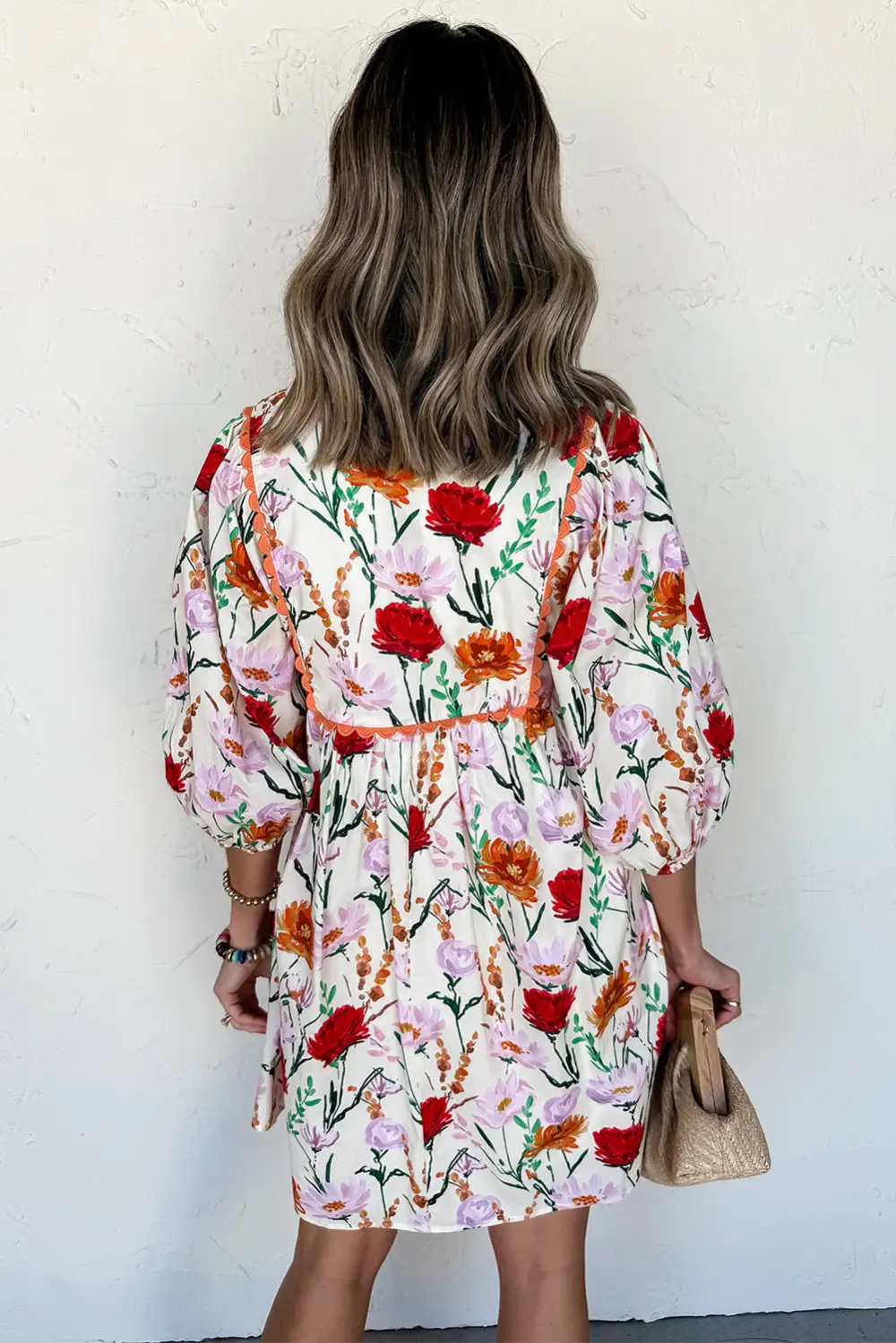 Layered Detail Floral Printed Puff Sleeve Mini Dress