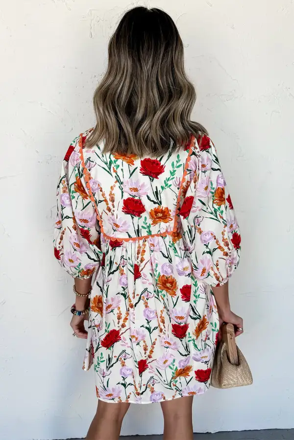 Layered Detail Floral Printed Puff Sleeve Mini Dress