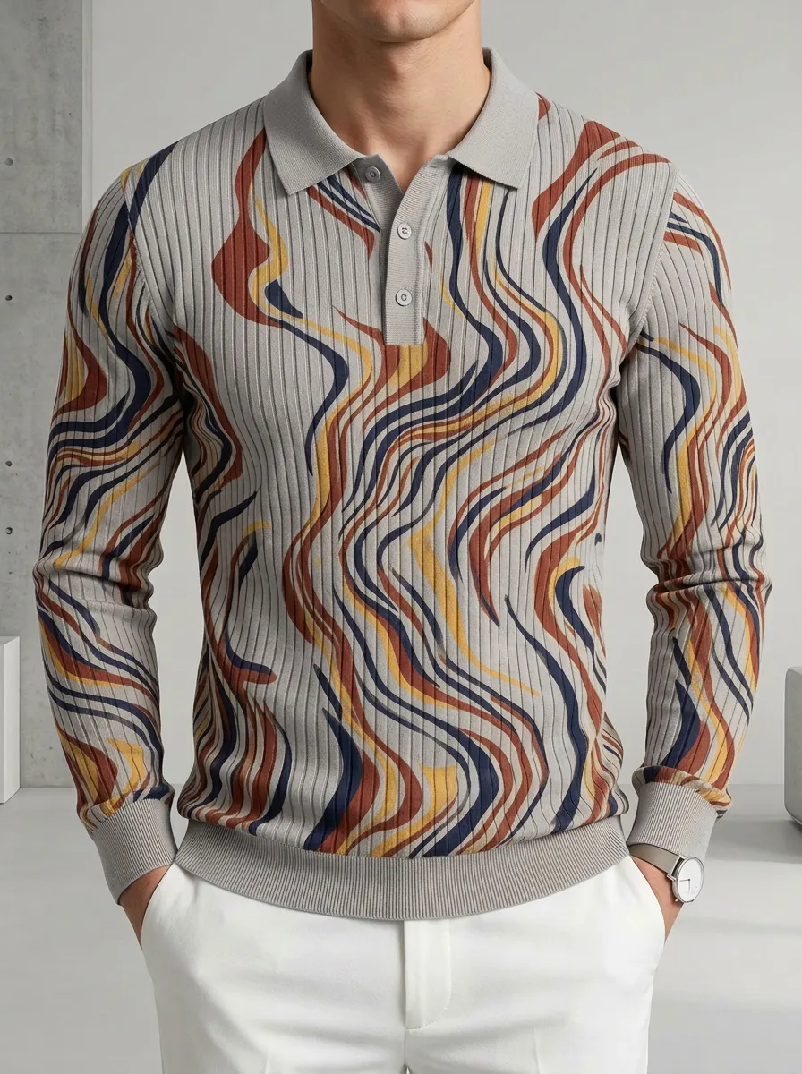 Men's Abstract Wavy Pattern Printed Long Sleeve Polo Shirt
