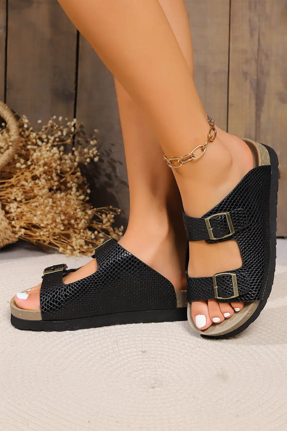 Suede Textured Buckle Straps Beach Slide Slippers